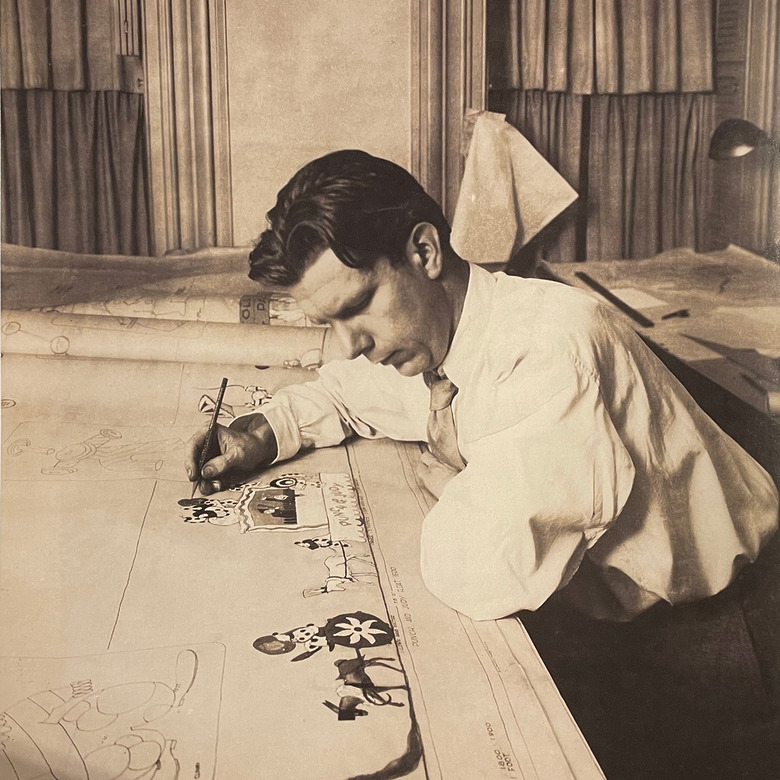 Geddes designing the Macy's CHristmas Parade Punch and Judy float